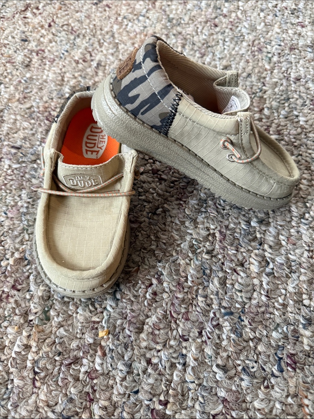 Hey Dude Kids Tan Slip-On Moccasins with Camo Heel
